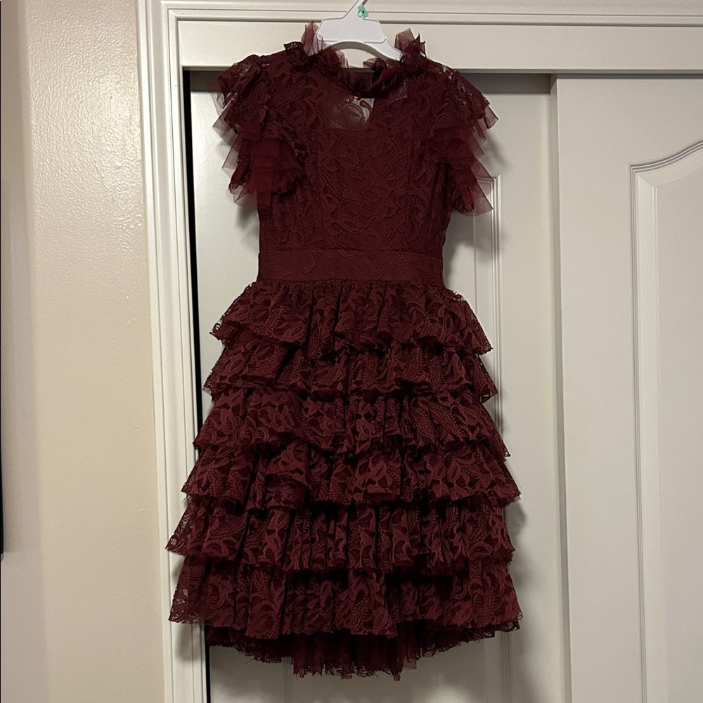 Joyfolie Burgundy Ruffled Lace Dress